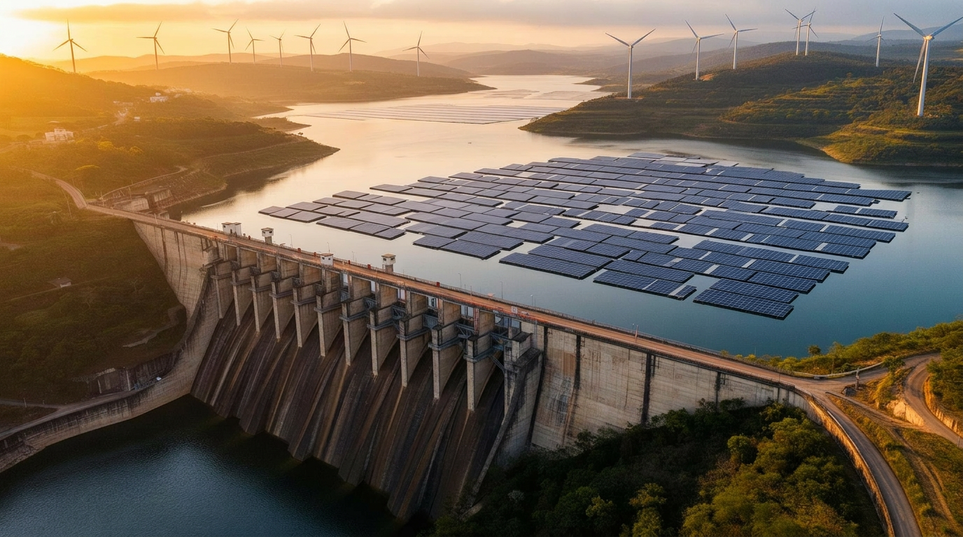 Barragem hidroelétrica com painéis solares flutuantes e turbinas eólicas nas montanhas
